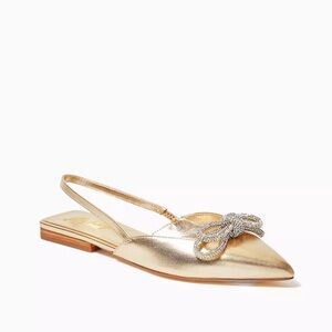 Metallic Gold Pointed Toe Slingback Flats with Crystal Bow